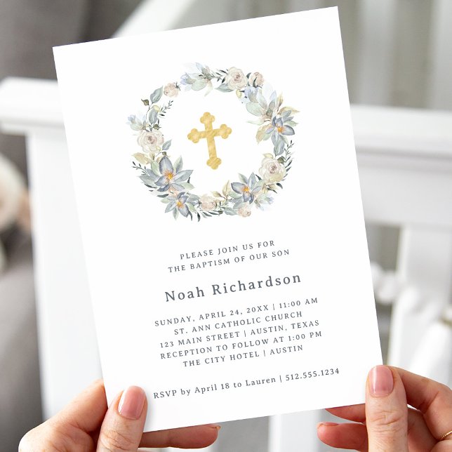Simple Eucalyptus | Faux Gold Cross Baptism Invitation (A simple and elegant gender neutral Baptism invitation, with eucalyptus leaves, flowers, and a cross)
