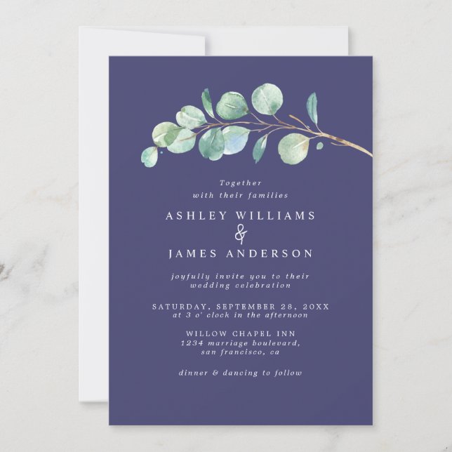 Simple Eucalyptus Foliage Navy Blue Wedding Invitation (Front)