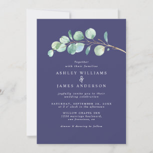 Simple Eucalyptus Foliage Navy Blue Wedding Invitation