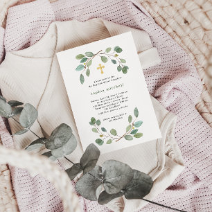 Simple Eucalyptus Greenery and Gold Cross Baptism Invitation