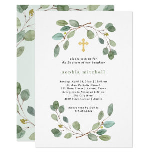 Simple Eucalyptus Greenery and Gold Cross Baptism Invitation