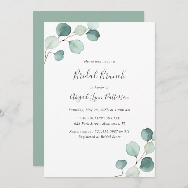 Simple Eucalyptus Greenery Elegant Bridal Brunch Invitation (Front/Back)