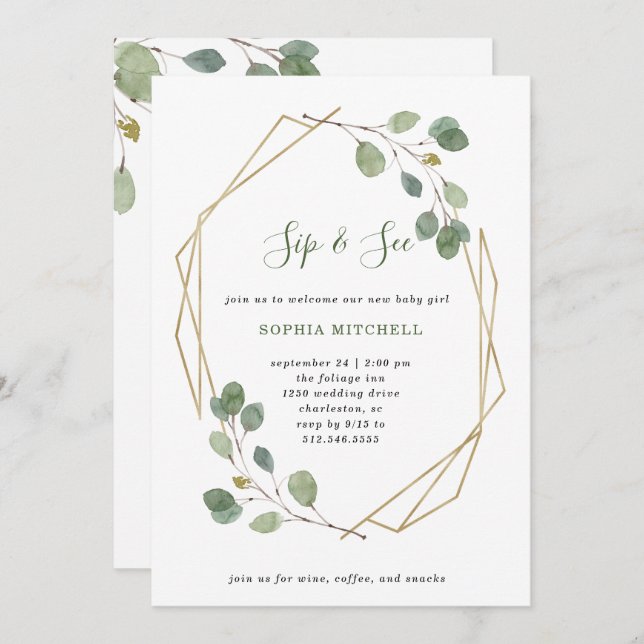 Simple Eucalyptus Greenery | Geometric Sip and See Invitation (Front/Back)