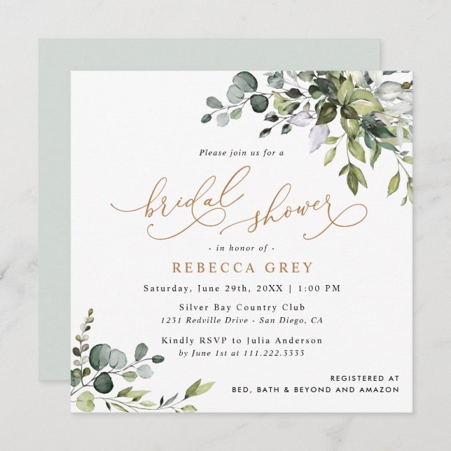 Simple Eucalyptus Greenery Gold Bridal Shower Invitation (Front/Back)