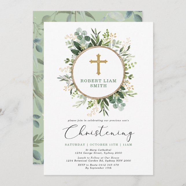Simple Eucalyptus Greenery Gold Cross Christening Invitation (Front/Back)