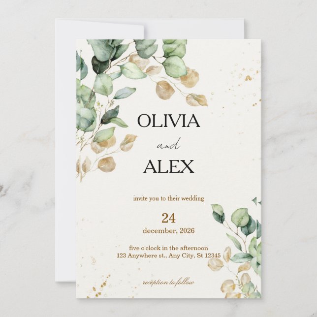 Simple Eucalyptus Greenery Gold Two-in-One Wedding Invitation (Front)
