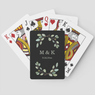 Simple Eucalyptus Greenery   Monogram on Black Playing Cards