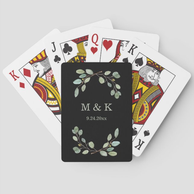 Simple Eucalyptus Greenery | Monogram on Black Playing Cards (Back)