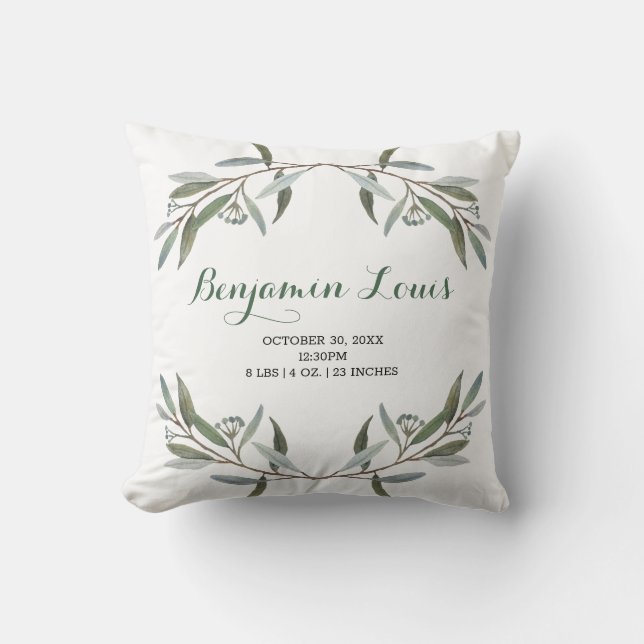 Simple Eucalyptus Greenery New Baby Birth Stats Cushion (Front)