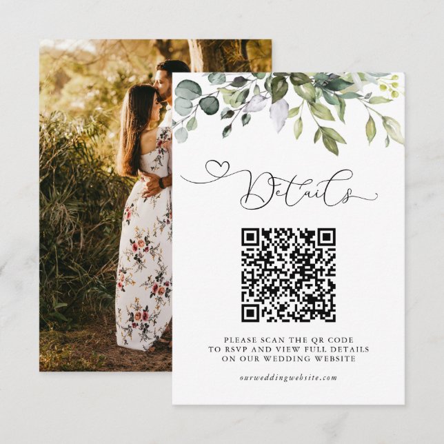 Simple Eucalyptus Greenery QR Code & Photo Wedding Enclosure Card (Front/Back)