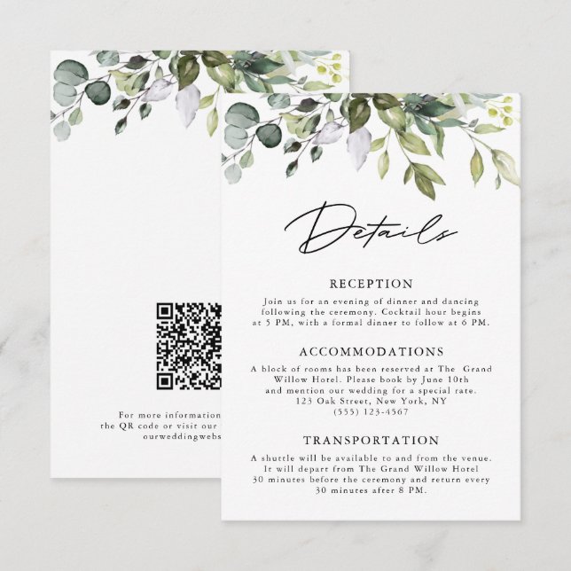 Simple Eucalyptus Greenery QR Code Wedding Enclosure Card (Front/Back)