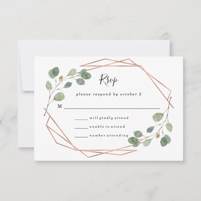 Simple Eucalyptus Greenery | Rose Gold Geo Wedding RSVP Card (Front)