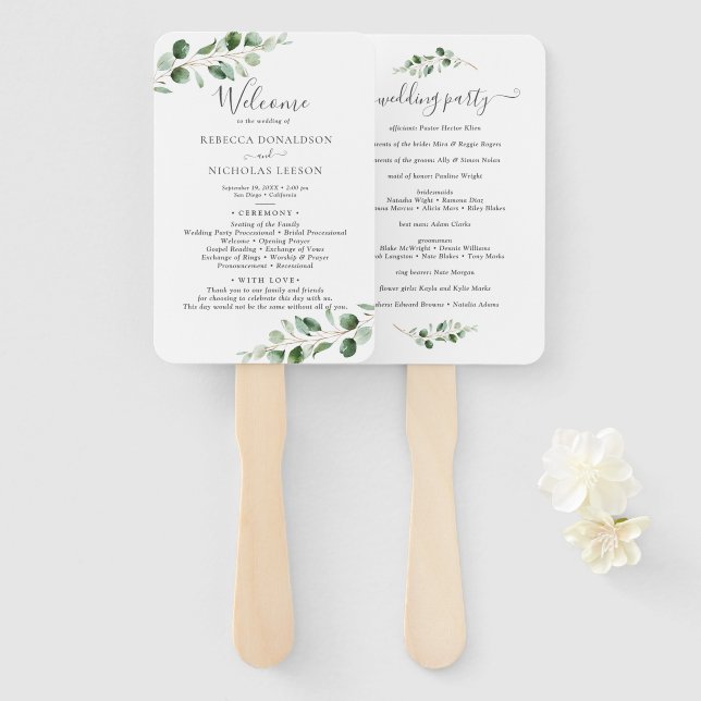 Simple Eucalyptus Greenery Wedding Program Hand Fan (Front and Back)