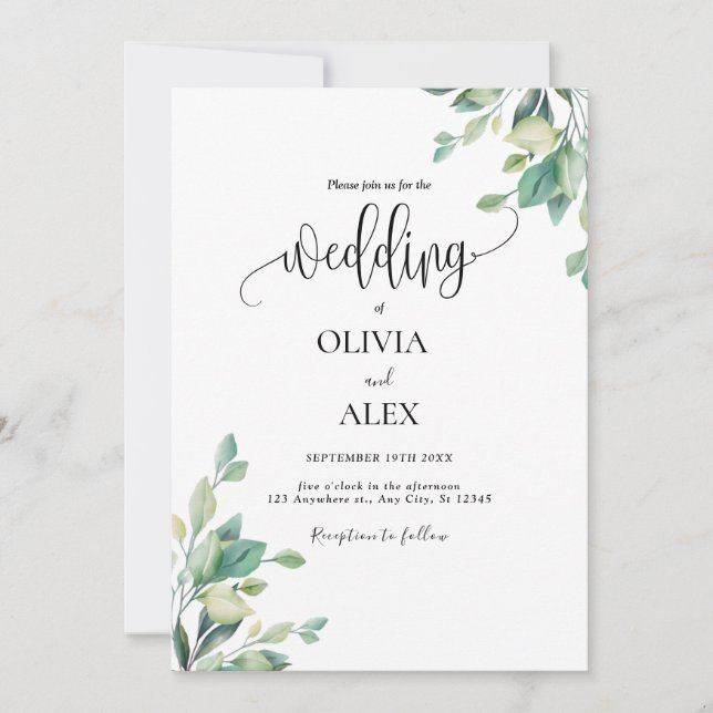 Simple Eucalyptus Handwritten QR Code Wedding  Invitation (Front)
