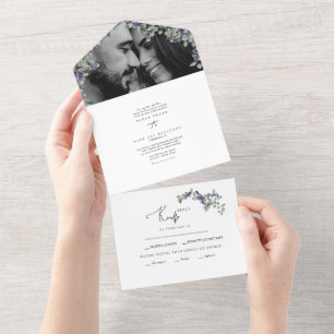 Simple Eucalyptus & Lavender Two Photo Wedding All In One Invitation