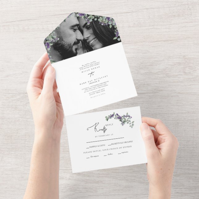 Simple Eucalyptus & Lavender Two Photo Wedding  All In One Invitation (Tearaway)