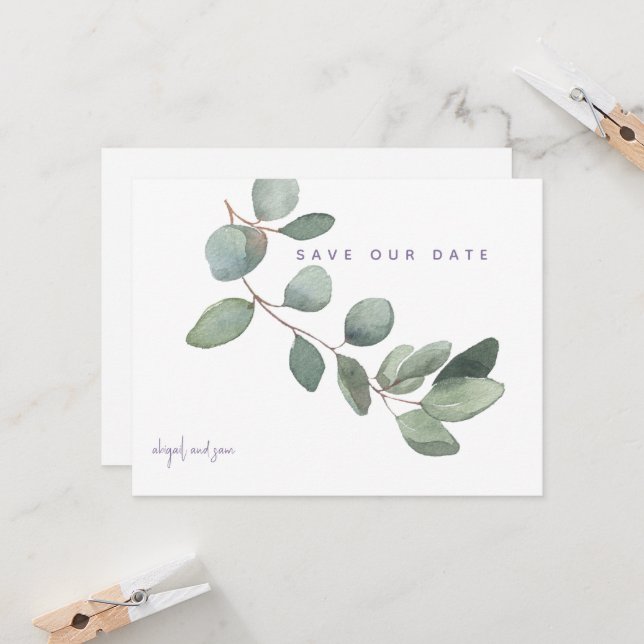  Simple Eucalyptus Lavender Wedding Save the Date (Front/Back In Situ)