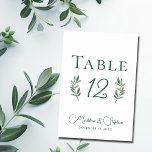 Simple Eucalyptus Leaf Wedding Table Number Card<br><div class="desc">A simply elegant green calligraphy script with two watercolor eucalyptus leaves on either side of the table number for your fall wedding. Chic,  modern evening wedding decor for a garden occasion at night.</div>
