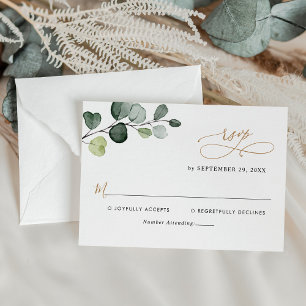 Simple Eucalyptus Leaves Greenery Gold Wedding RSVP Card