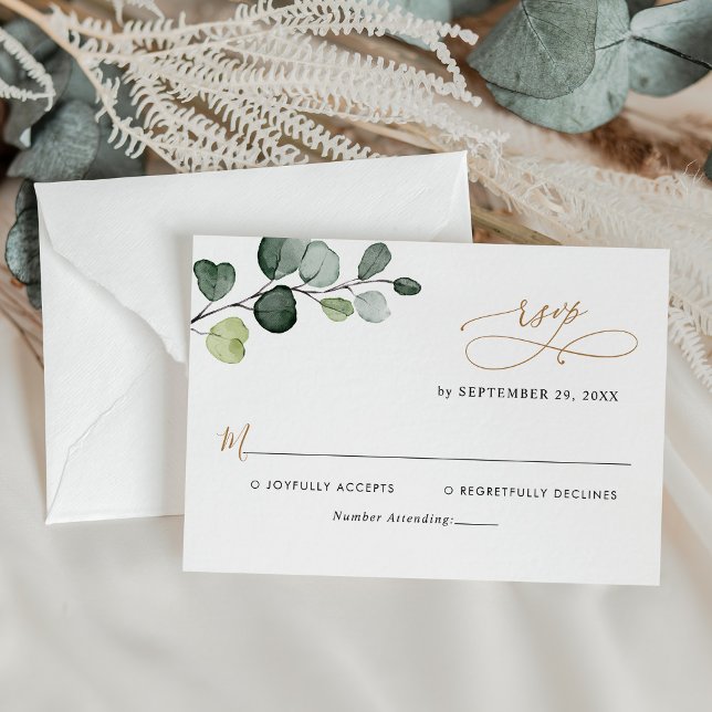 Simple Eucalyptus Leaves Greenery Gold Wedding RSVP Card (Creator Uploaded)