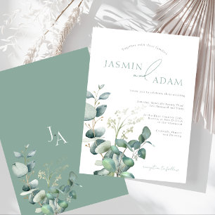 Simple Eucalyptus Leaves Greenery Monogram Wedding Invitation
