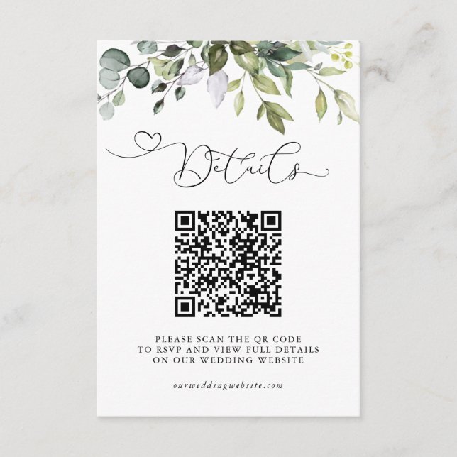 Simple Eucalyptus Leaves QR Code Wedding Details Enclosure Card (Front)