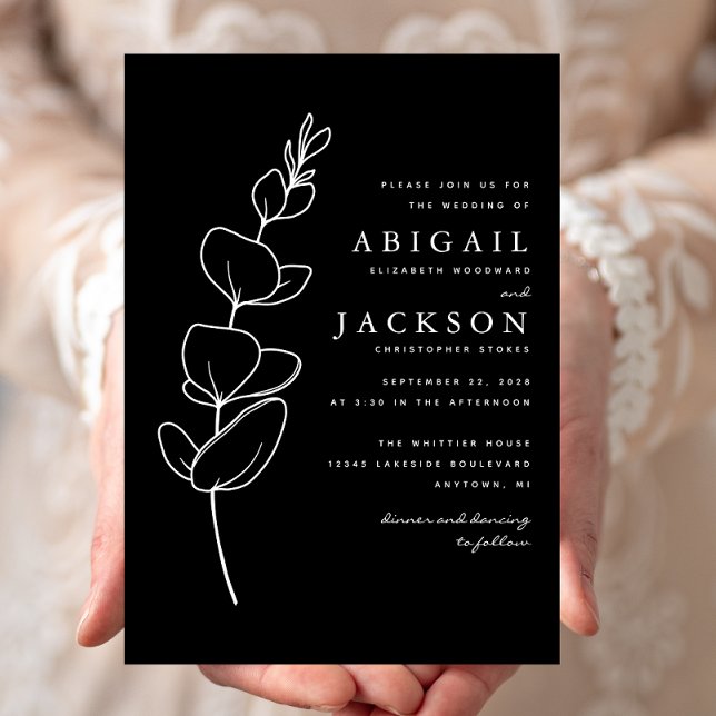 Simple Eucalyptus Line Drawing Black White Wedding Invitation (Creator Uploaded)