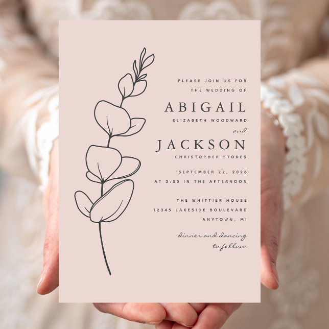 Simple Eucalyptus Line Drawing Blush Pink Wedding Invitation (Creator Uploaded)