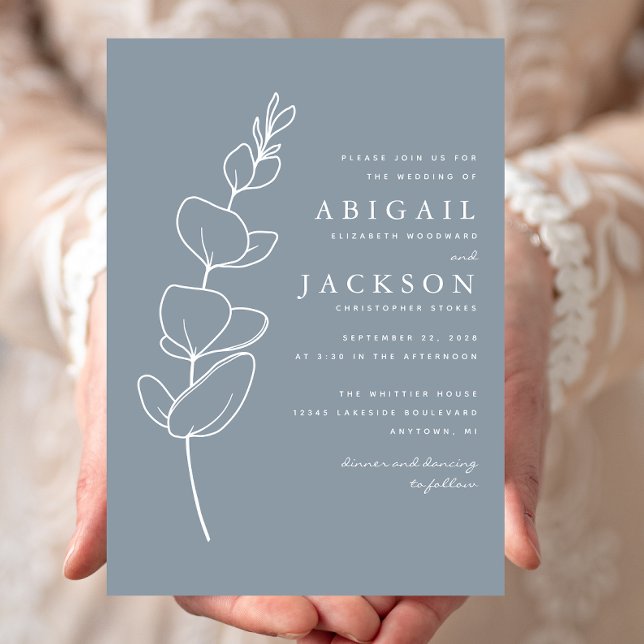 Simple Eucalyptus Line Drawing Dusty Blue Wedding Invitation (Creator Uploaded)