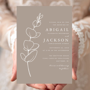 Simple Eucalyptus Line Drawing Taupe Wedding Invitation