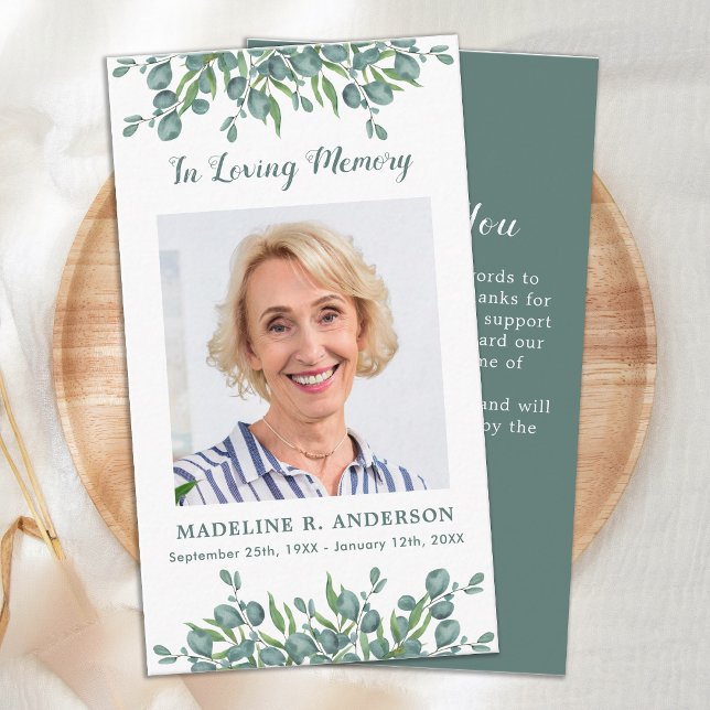 Simple Eucalyptus Memorial Photo Funeral Thank You Card (Creator Uploaded)