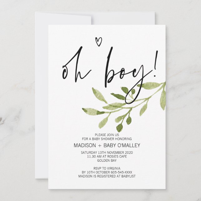 Simple Eucalyptus Oh Boy Baby Shower Party Invitation (Front)