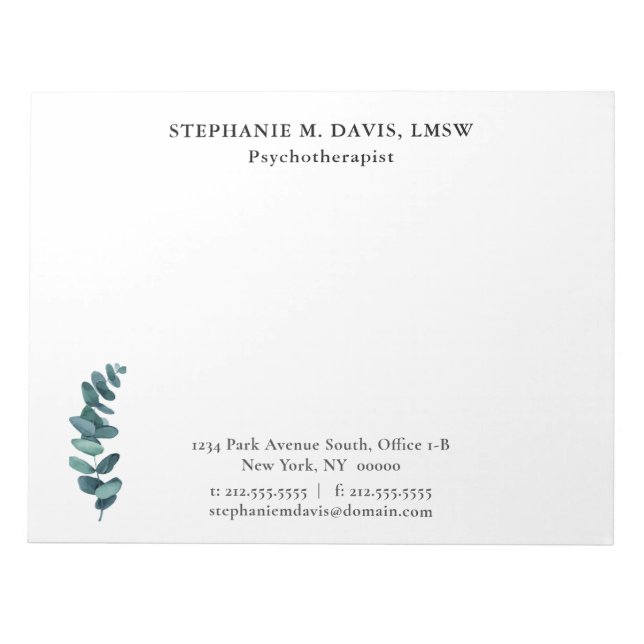 Simple Eucalyptus Personalised Therapist Notepad (Front)