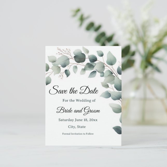 Simple Eucalyptus Wedding Save the Date Postcard (Standing Front)