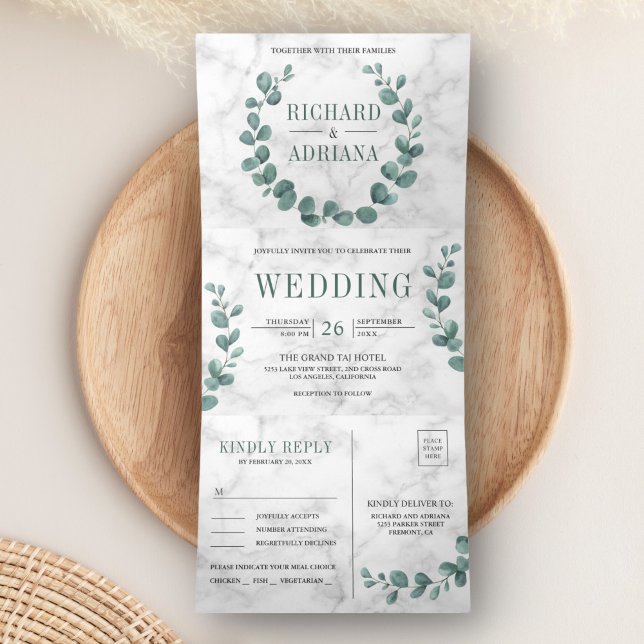 Simple Eucalyptus Wreath All in One Marble Wedding Tri-Fold Invitation (Creator Uploaded)