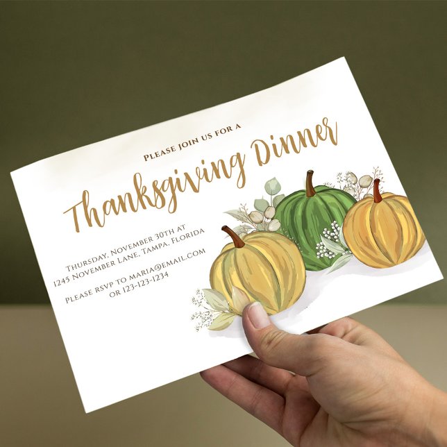 Simple Fall Autumn Foliage Pumpkin Thanksgiving  Invitation (Thanksgiving watercolor gourds with watercolor greenery foliage. )
