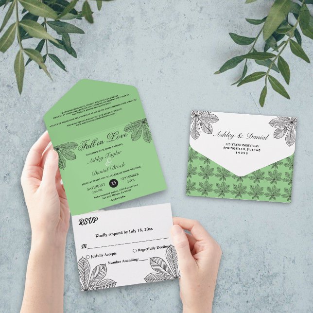 Simple Fall in Love Sage Boho Autumn Wedding All In One Invitation (Creator Uploaded)