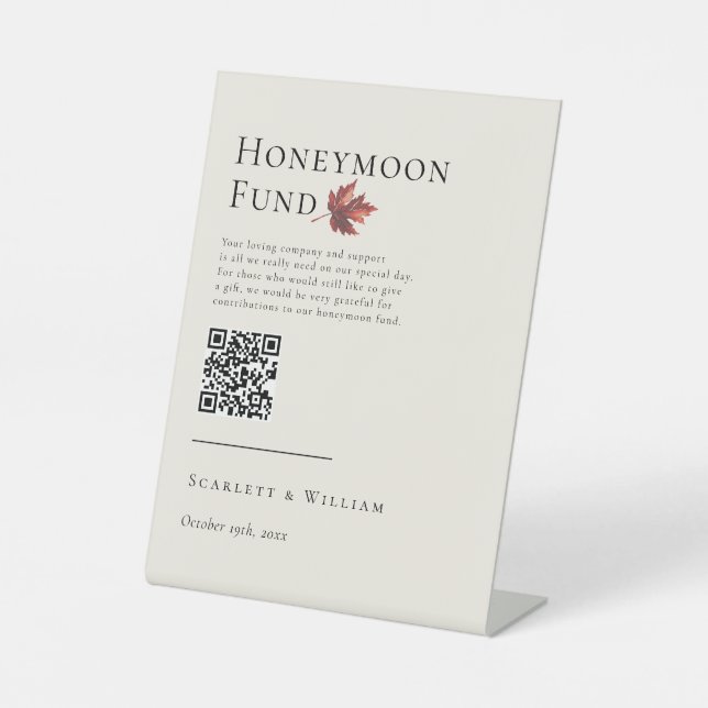 Simple Fall Leaf Cream Wedding Honeymoon Fund Pedestal Sign (Front)