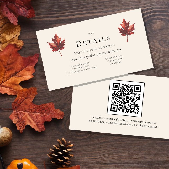 Simple Fall Leaf Cream Wedding QR Code Details Enclosure Card (Creator Uploaded)
