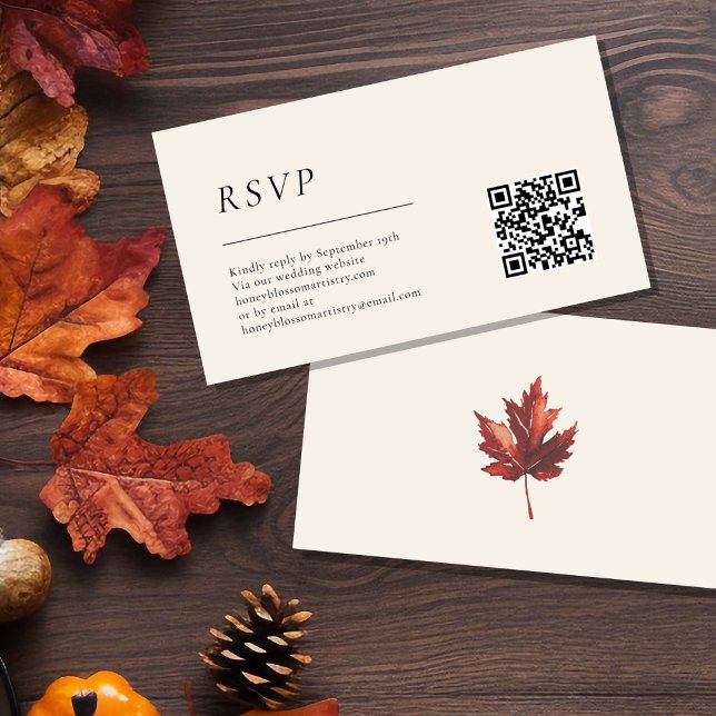 Simple Fall Leaf Cream Wedding QR Code RSVP Enclosure Card (Creator Uploaded)