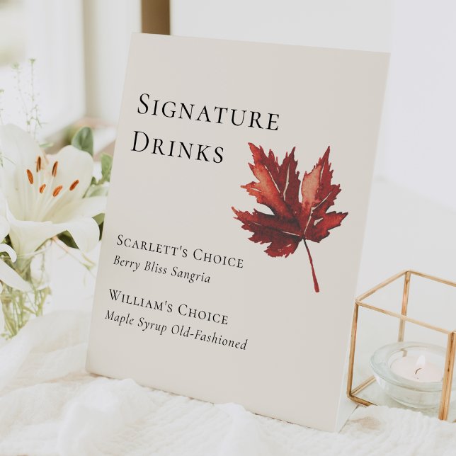 Simple Fall Leaf Cream Wedding Signature Drinks Pedestal Sign (Creator Uploaded)