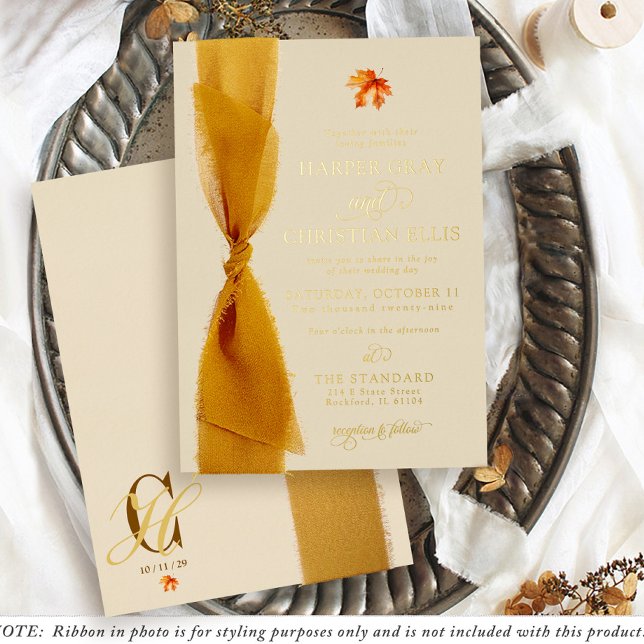 Simple Fall Leaf Ribbon Cream Autumn Wedding Gold (Simple Fall leaf (Add your own ribbon!) monogram elegant cream Autumn wedding gold foil invitation)