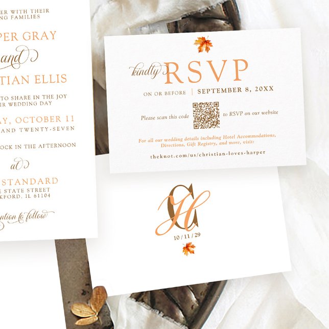 Simple Fall Leaf Rustic Autumn Wedding QR RSVP Enclosure Card (Simple modern orange rust watercolor Fall leaf Autumn wedding invitation QR code website RSVP card)