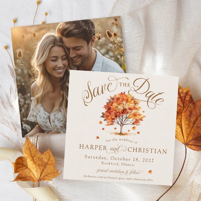 Simple Fall Leaf Tree Beige Photo Autumn Wedding Save The Date (Elegant modern script beige watercolor fall leaf tree simple square photo wedding save the date)