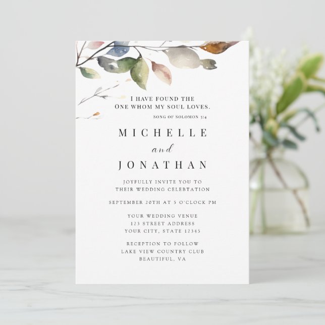 Simple Fall Leaves Bible Verse Christian Wedding Invitation (Standing Front)