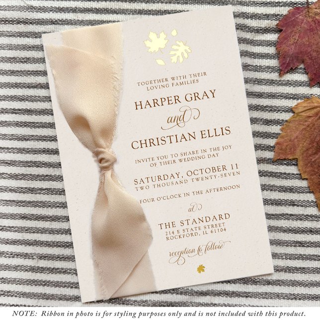 Simple Fall Leaves Modern Ribbon Wedding Gold (Add your own champagne beige chiffon ribbon to the gold foil fall leaves Autumn wedding invitation)