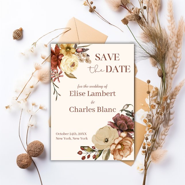 Simple Fall Rustic Wedding Save The Date (Simple Boho Fall Wedding - burnt orange terracotta flowers)