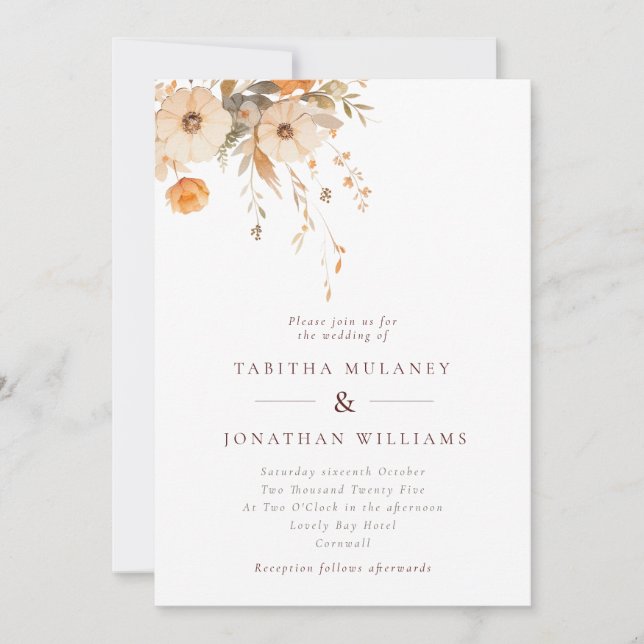 Simple Fall Wildflowers Orange Wedding  Invitation (Front)