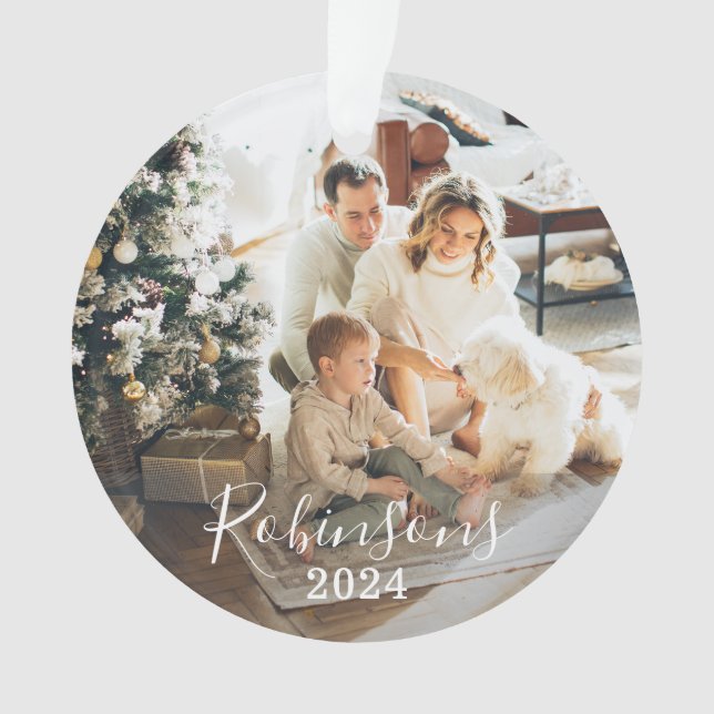 Simple Family 2 Photo Custom Name Script & Year Ornament (Front)