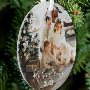 Simple Family 2 Photo Custom Name Script & Year Ornament